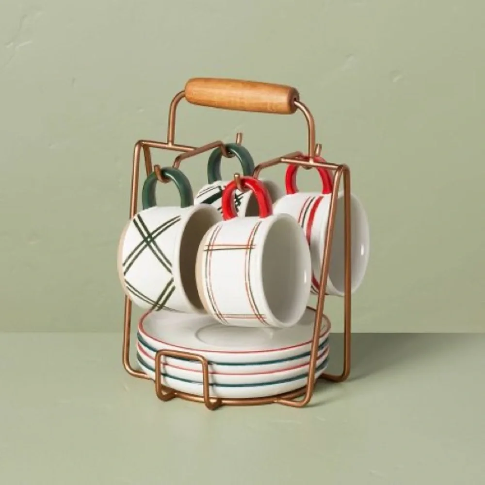 9pc Christmas Plaid Stripes Stoneware Mug & Saucer Caddy Set Red/Green/C… - Picture 1 of 4